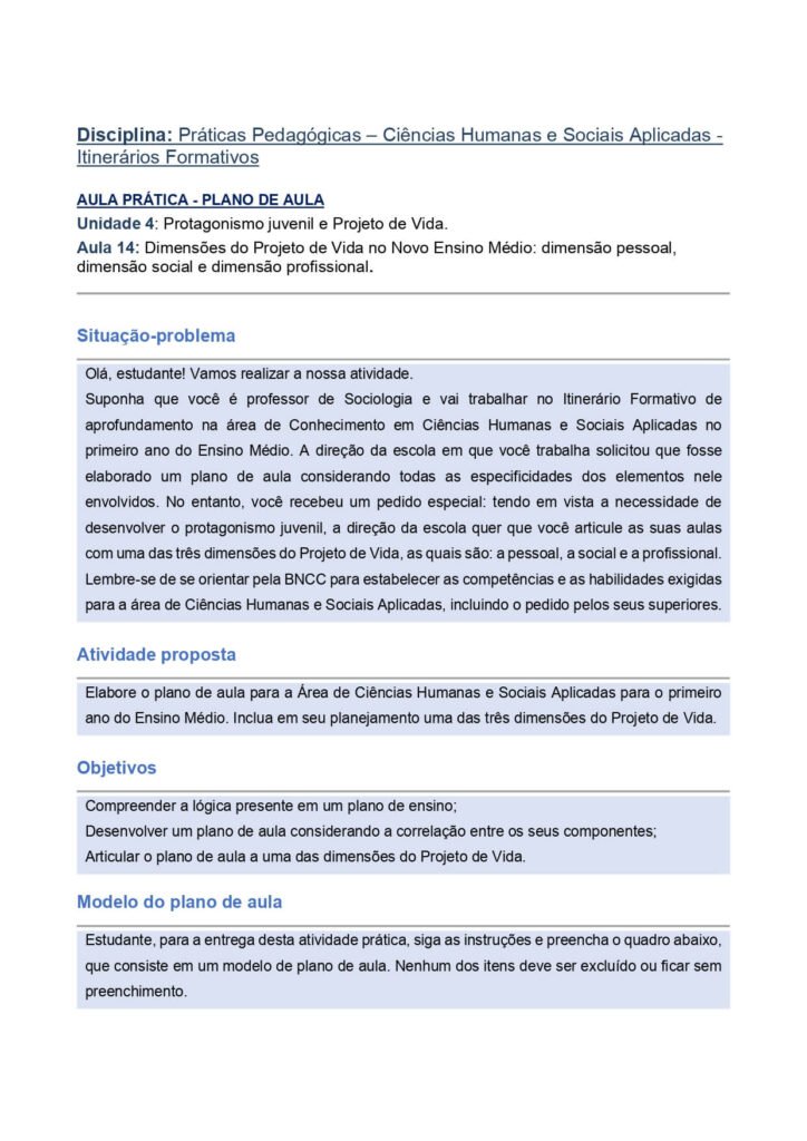 Plano de aula Práticas pedagógicas – Ciências humanas e sociais aplicadas – Itinerários formativos