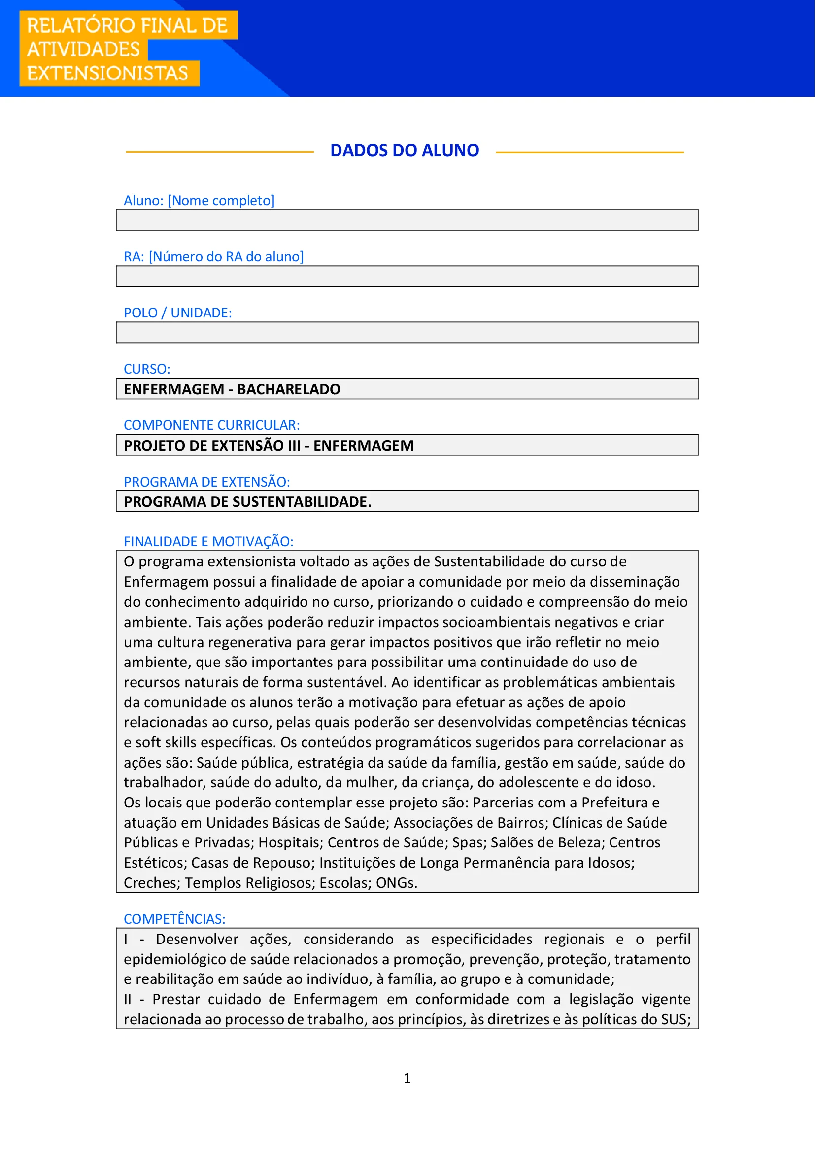 Projeto de Extensão III – Enfermagem