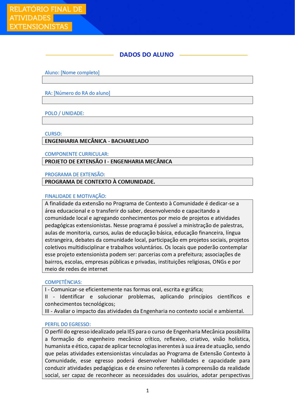 Projeto de extensão I Engenharia Mecânica